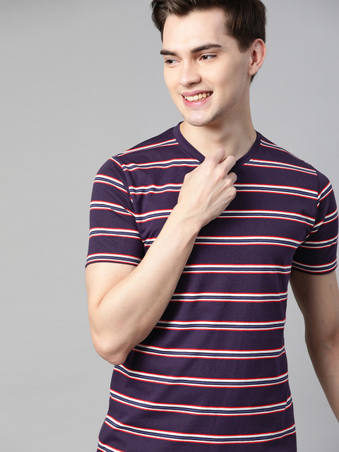 

Mast Harbour Men Navy Blue Red Pure Cotton Striped Pure Cotton T-shirt