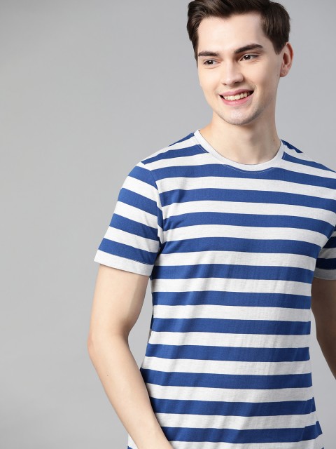 

Mast & Harbour Men Blue & White Melange Pure Cotton Handcrafted Striped T-shirt