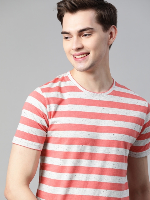 

Mast & Harbour Men Coral Pink & Grey Pure Cotton Striped T-shirt