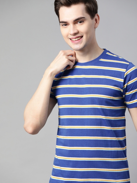 

Mast & Harbour Men Blue & Yellow Pure Cotton Handcrafted Striped T-shirt