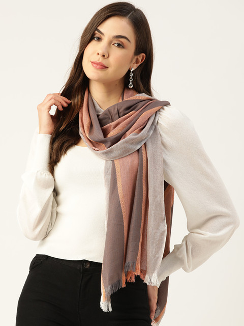 

Anekaant Women Peach-Coloured & Grey Striped Scarf