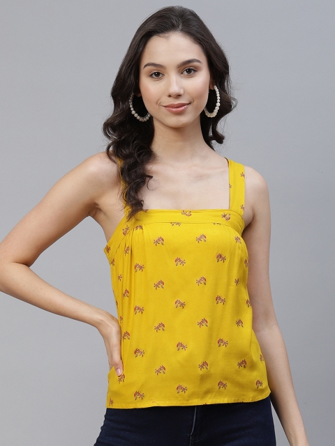 

Ayaany Mustard Yellow & Maroon Printed Pure Cotton Strappy Styled Back Top