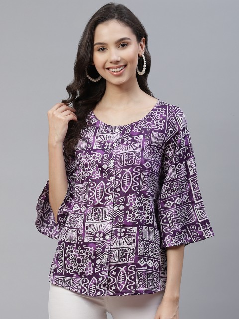 

Ayaany Women Purple & White Printed Pure Cotton Regular Top