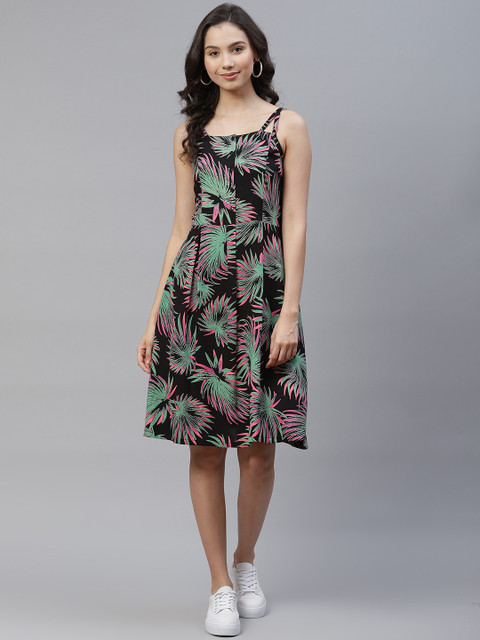 

Ayaany Black & Green Tropical A-Line Cotton Dress