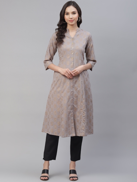 

Ayaany Women Grey & Golden Ethnic Motifs Printed Pure Cotton Kurta