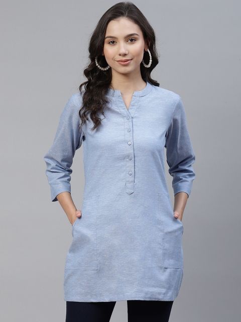 

Ayaany Blue Cotton Solid Mandarin Collar Tunic