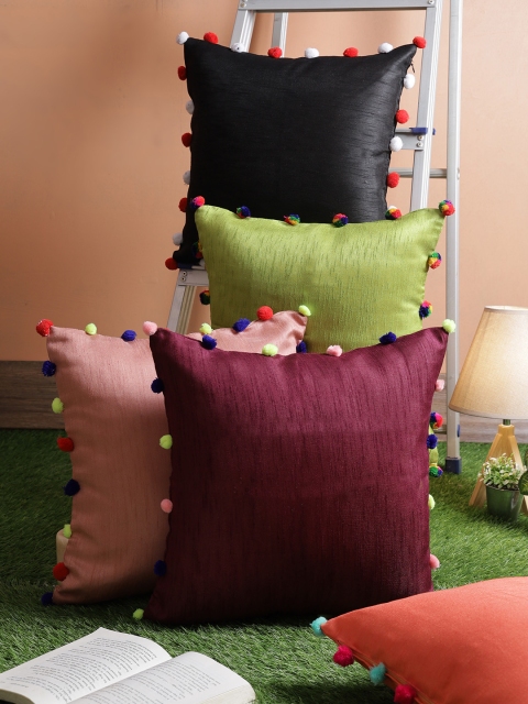 

RANGDESI Pink Set of 5 Solid Art Silk Cushion Covers