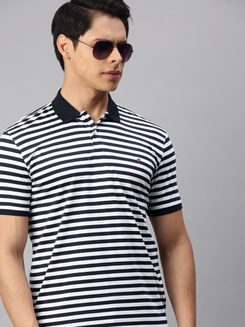 

Louis Philippe Sport Men Navy Blue White Striped Polo Collar Pure Cotton T-shirt