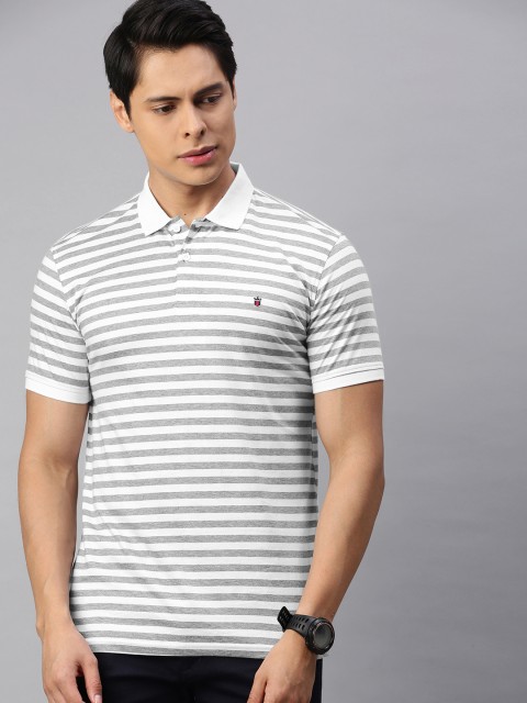 

Louis Philippe Sport Men Grey & White Striped Polo Collar Pure Cotton T-shirt