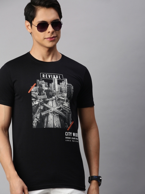 

Louis Philippe Jeans Men Black Grey Printed Pure Cotton T-shirt
