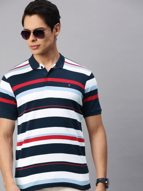 

Louis Philippe Sport Men Navy Blue White Striped Polo Collar Pure Cotton T-shirt