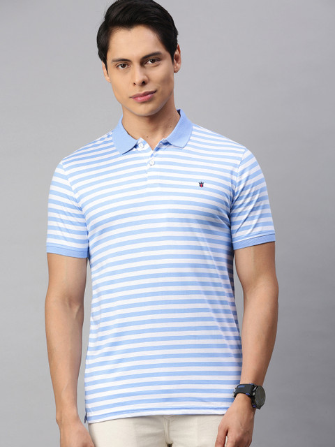 

Louis Philippe Sport Men White Blue Striped Polo Collar Pure Cotton T-shirt