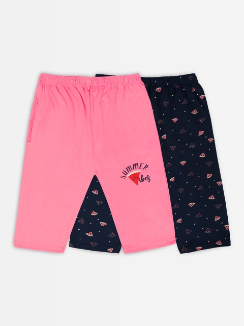 

Punkster Girls Pack Of 2 Pink & Navy Blue Printed Capris