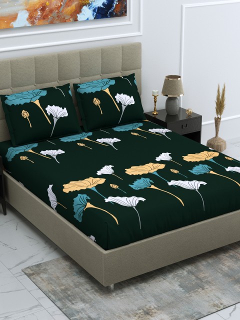 

DREAM WEAVERZ Green & Blue Floral 250 TC Cotton Satin 1 King Bedsheet With 2 Pillow Covers