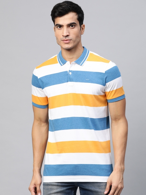 

Park Avenue Men White & Mustard Yellow Striped Polo Collar Slim Fit T-shirt