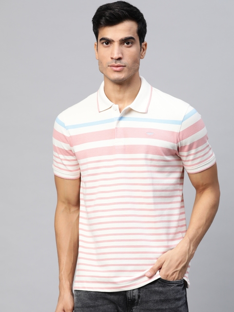 

Park Avenue Men White & Pink Striped Polo Collar Slim Fit T-shirt