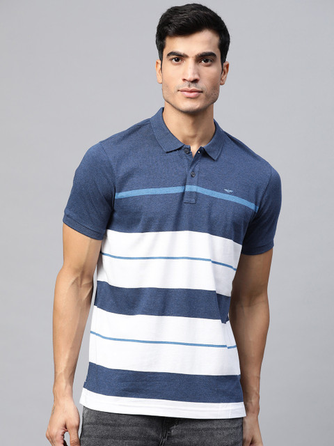 

Park Avenue Men Blue & White Striped Polo Collar Slim Fit T-shirt