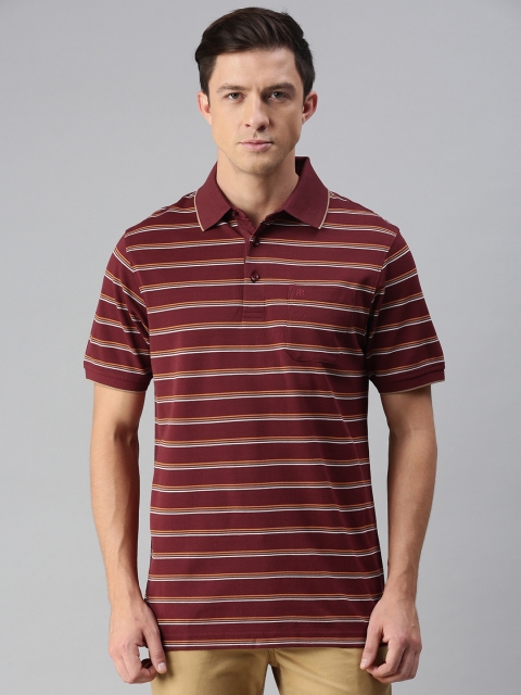 

Raymond Men Maroon Yellow Striped Contemporary Fit Pure Cotton Polo Collar Pure Cotton T-shirt