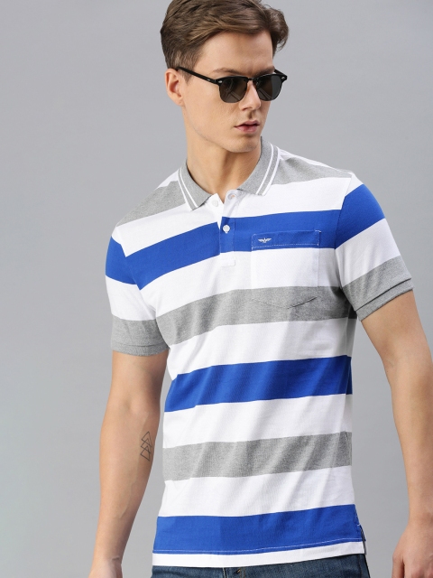 

Park Avenue Men Blue White Striped Polo Collar Slim Fit Pure Cotton T-shirt