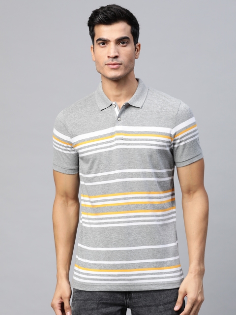 

Park Avenue Men Grey Melange & White Striped Polo Collar Slim Fit T-shirt