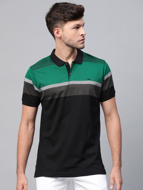 

Park Avenue Men Black & Green Colourblocked Cotton Polo Collar Slim Fit T-shirt