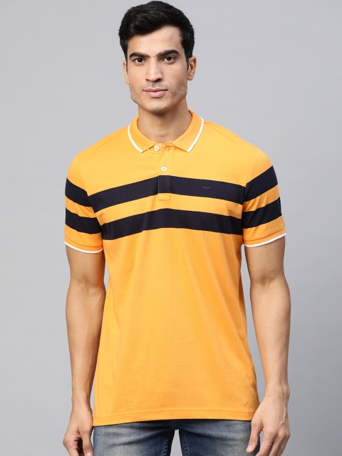 

Park Avenue Men Mustard Yellow & Black Striped Polo Collar Slim Fit T-shirt