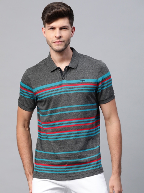 

Park Avenue Men Charcoal Grey & Blue Striped Polo Collar Slim Fit T-shirt