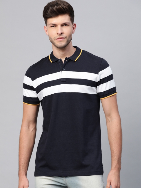 

Park Avenue Men Navy Blue & White Striped Polo Collar Slim Fit T-shirt