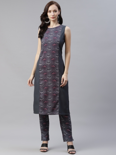 

ZIYAA Women Grey & Pink Floral Printed Kurta with Trousers