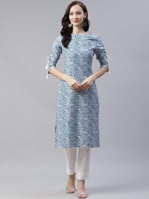

ZIYAA Women Blue & White Paisley Printed Kurta with Trousers