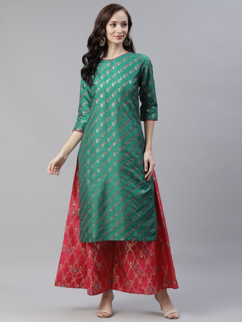 

ZIYAA Women Green & Red Ethnic Motifs Printed Kurta with Palazzos