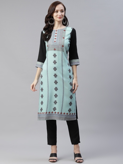 

ZIYAA Women Blue & Black Ethnic Motifs Printed Regular Kurta with Trousers