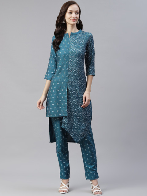 

ZIYAA Women Blue & White Bandhani Printed Regular Kurta with Trousers