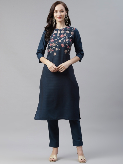 

ZIYAA Women Navy Blue Floral Printed Regular Kurta with Trousers