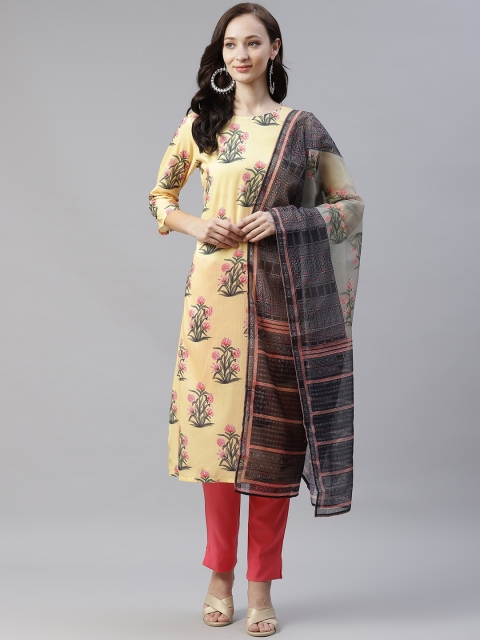 

ZIYAA Women Yellow & Pink Floral Digital Print Regular Kurta with Trousers & With Dupatta