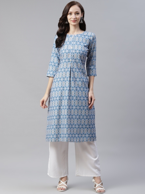 

ZIYAA Women Blue & White Ethnic Motifs Printed Pleated Kurta with Palazzos