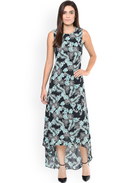 

Harpa Black & Blue Floral Print Georgette High-Low Dress
