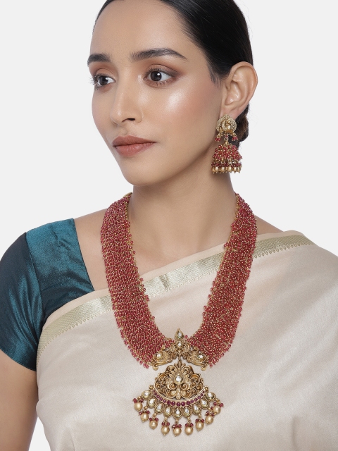 

Peora Maroon Gold-Plated Beaded Temple Necklace & Jhumki Earrings Jewellery Set