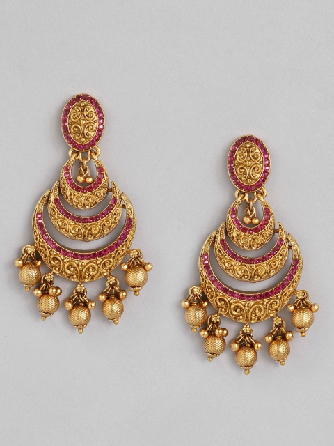

Peora Gold-Plated & Magenta Handcrafted Crescent Shaped Chandbali Earrings