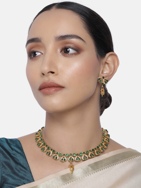 

Peora Green Gold-Plated Studded Floral Temple Jewellery Set