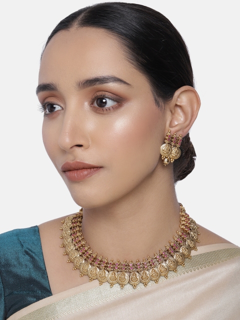 

Peora Pink Gold-Plated Stone Studded Handcrafted Temple Jewellery Set