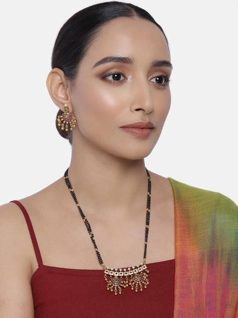 

Peora Red & Green Gold-Plated Pearl Studded Mangalsutra Set