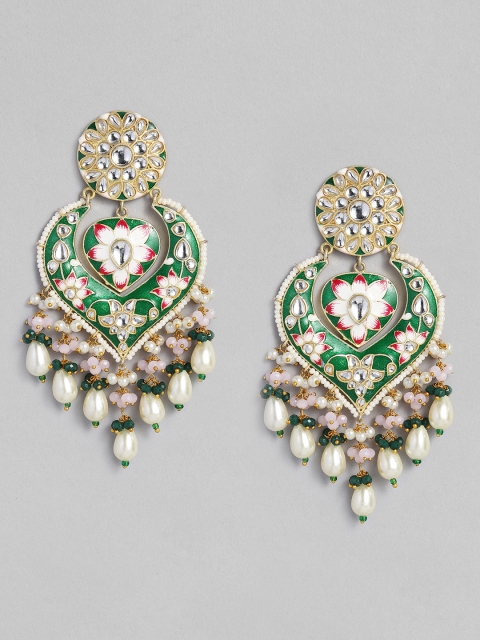 Peora Green & Gold-Plated Embellished Drop Earrings