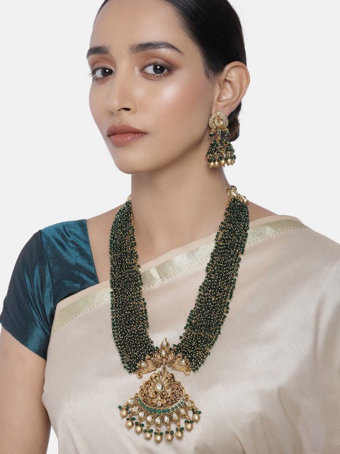 

Peora Green Gold-Plated Beaded Temple Necklace & Jhumki Earrings Jewellery Set