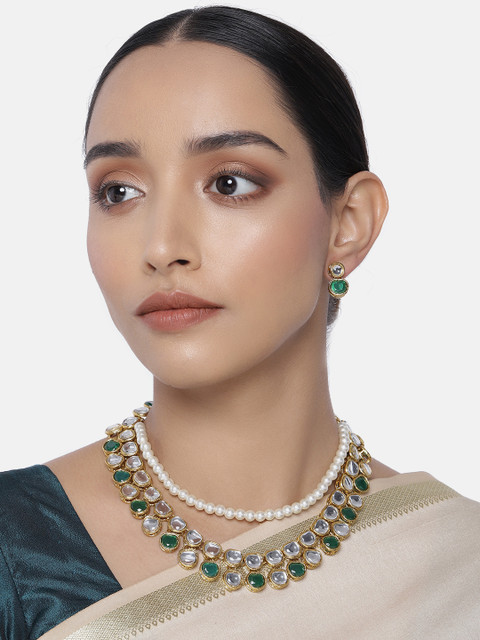 

Peora Green & White Gold-Plated Stone-Studded Kundan Pearl Handcrafted Jewellery Set