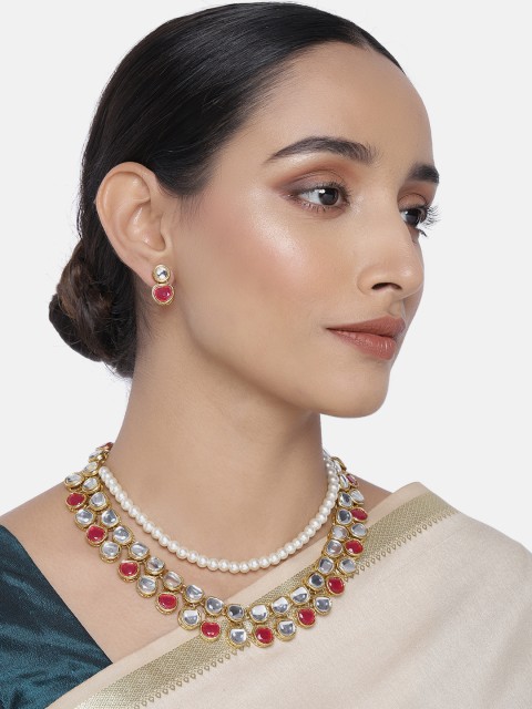 

Peora Gold-Plated Magenta Stones & Kundan Pearl Handcrafted Jewellery Set