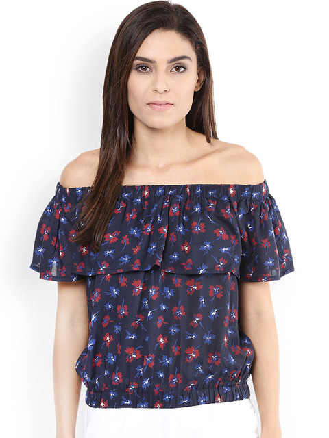 

Harpa Navy Floral Print Off-Shoulder Blouson Top, Navy blue