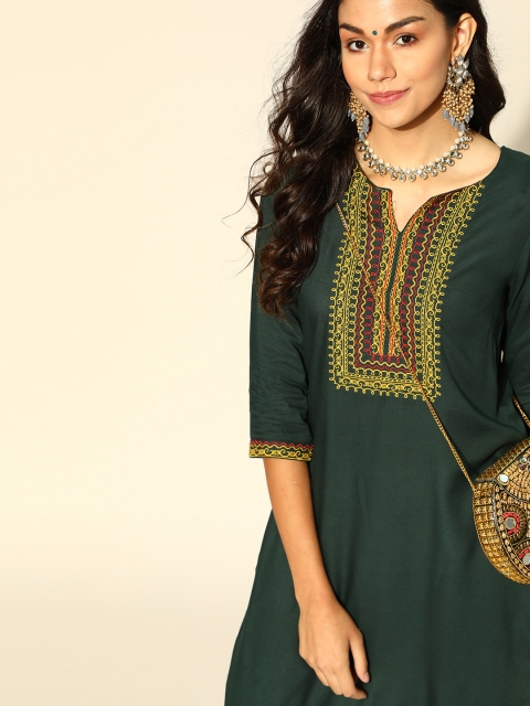 

HERE&NOW Women Olive Green & Yellow Yoke Design Thread Work Straight Kurta