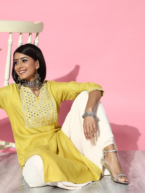 

Moda Rapido Women Green & White Embroidered Yoke Design Mirror Work Kurta