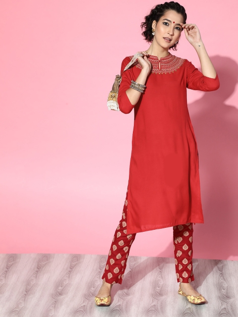 

Moda Rapido Women Red & Golden Embroidered Yoke Design Straight Kurta